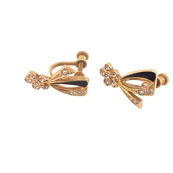 Petite Screw Back Earrings Circa 1950 Black Enamel Gold Tone Metal - Picture 5 of 9